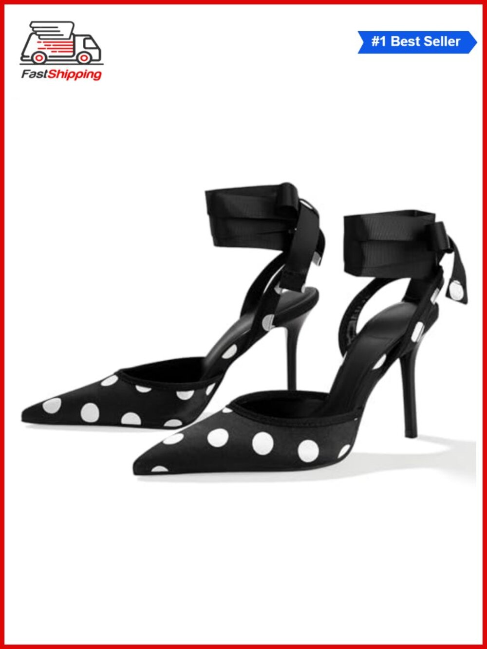 ✨ Polka Dot Satin Lace Up Pointed Toe Stiletto Heels Women's Party Wedding Pumps